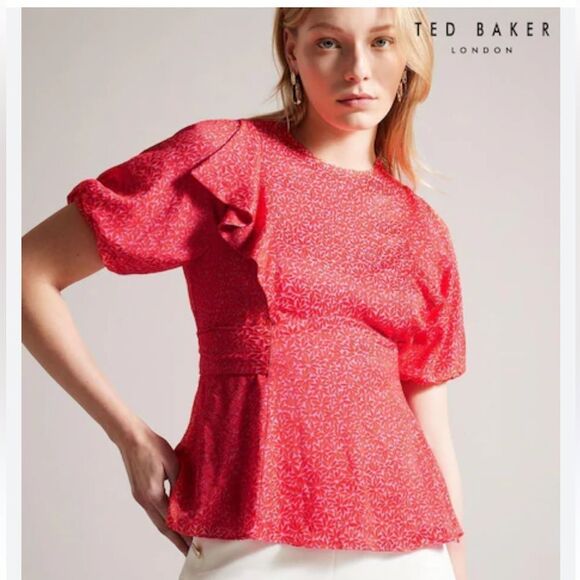 NWT New Ted Baker London Devonna Coral Floral Ruffle US 12/XL (TB 5) - Picture 1 of 12